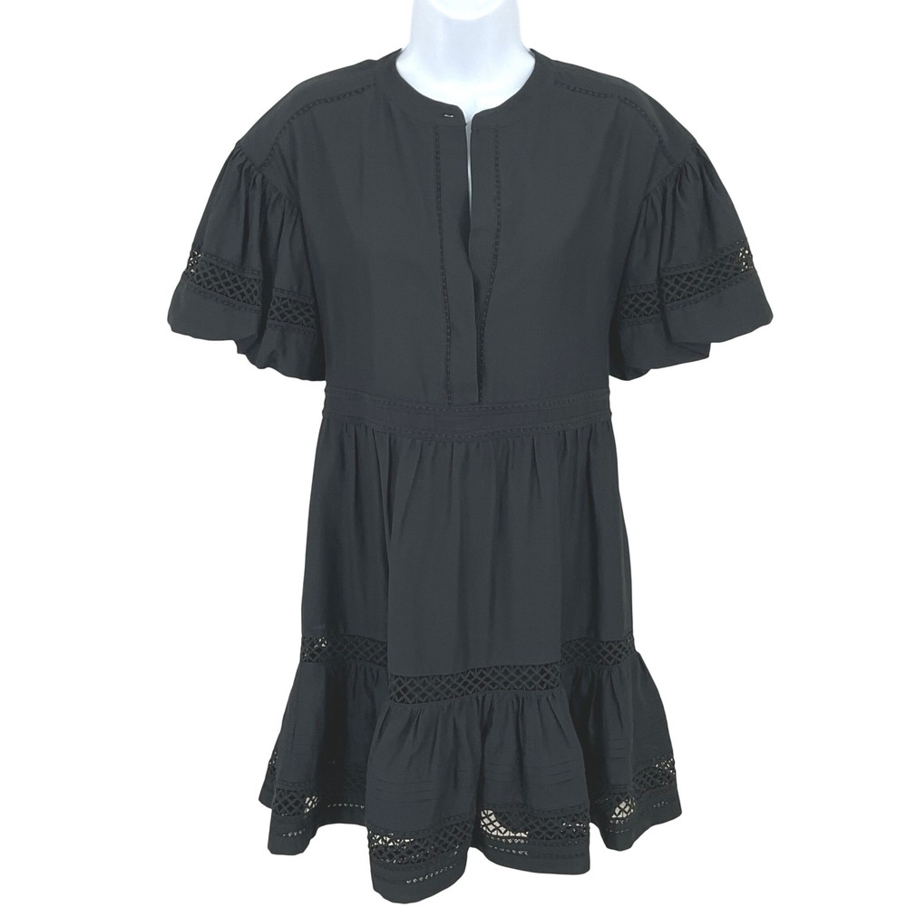 Marie Oliver Dress Women XXS Black Cotton Silk Eyelet Lace Mini Boho Lux Tiered
